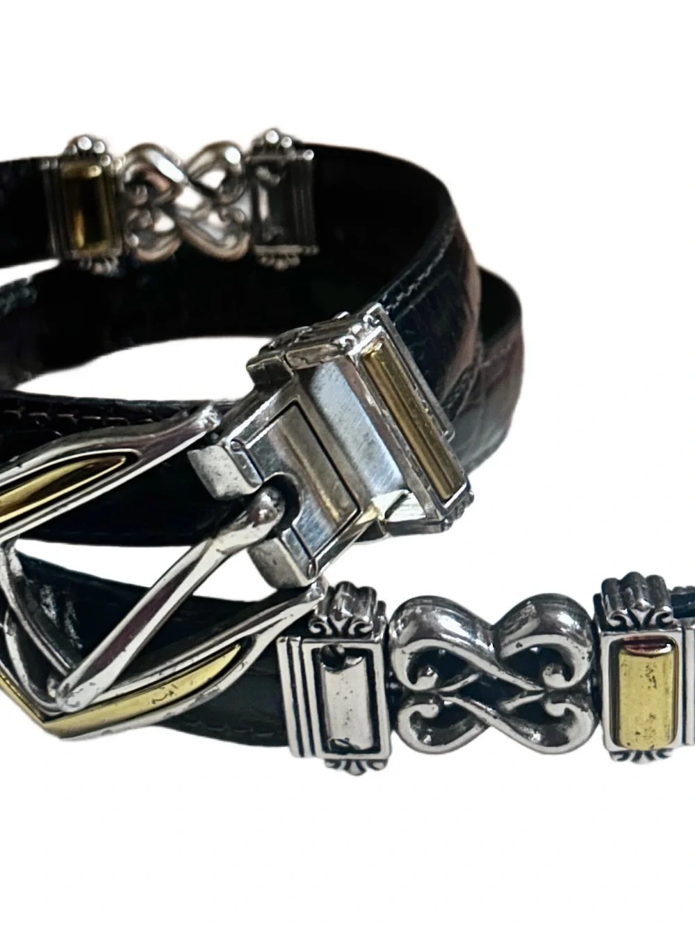Brighton ~ Medium Reversible Black/Brown Leather W/Silver & Gold Medallion Belt